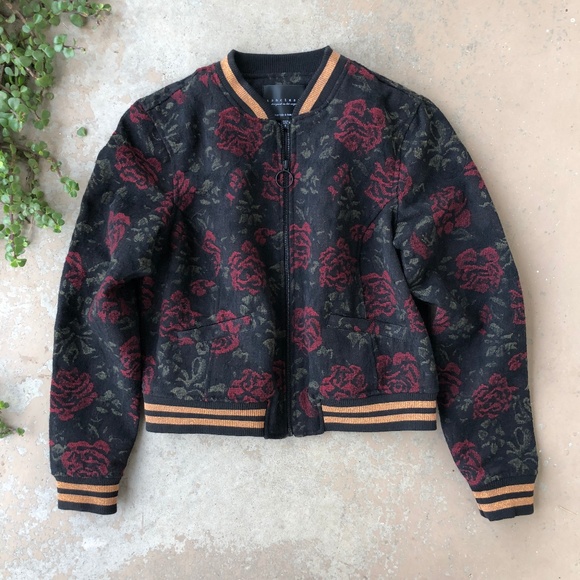 Sanctuary Jackets & Blazers - Sanctuary Wool Black Floral Rose Bomber Jacket